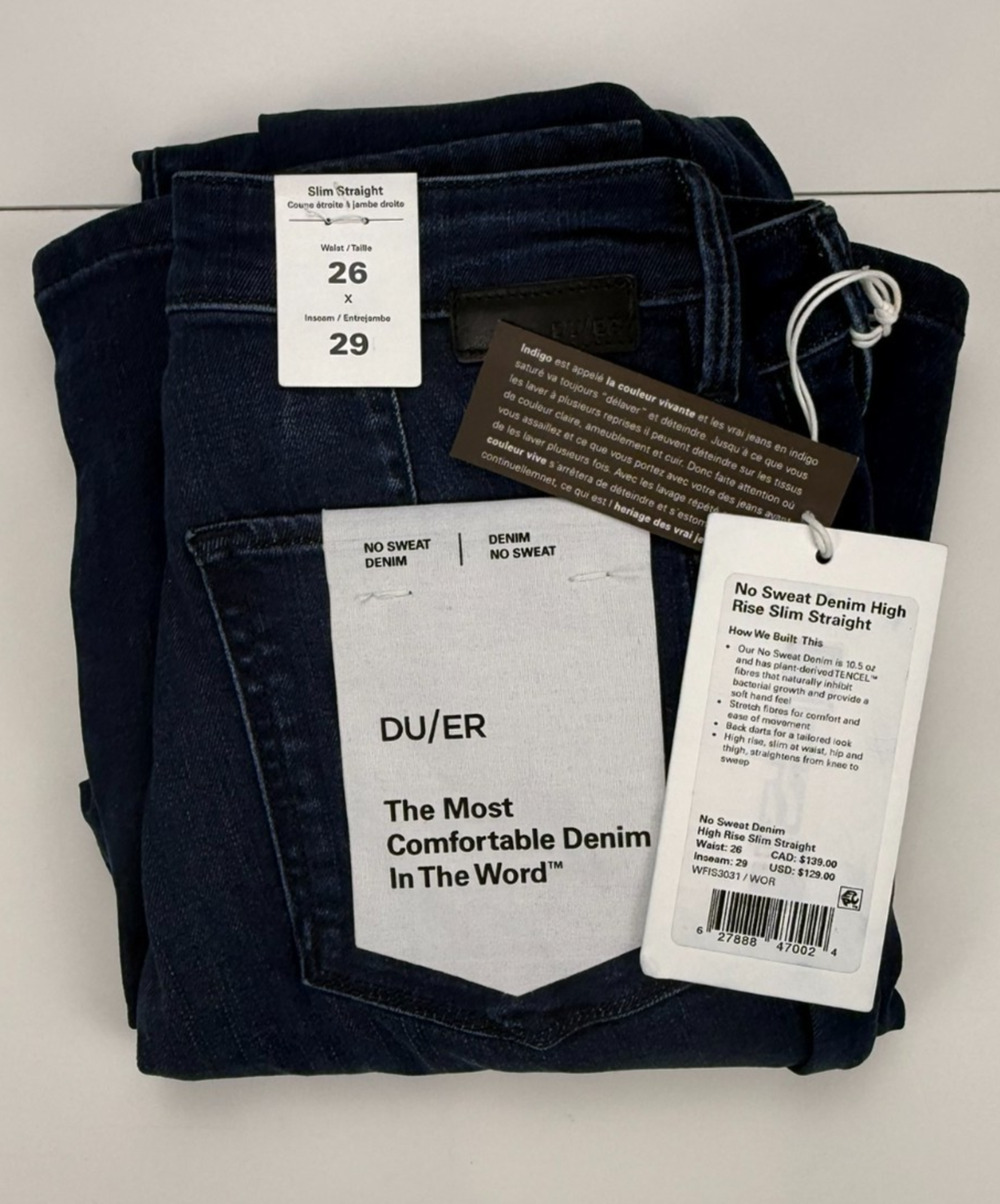 NWT DU/ER No Sweat Denim Womens 26x29 High Rise Slim Straight Jeans Worn Rinse
